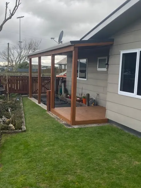 Roofed timber deck viewed from the lawn, Palmerston North