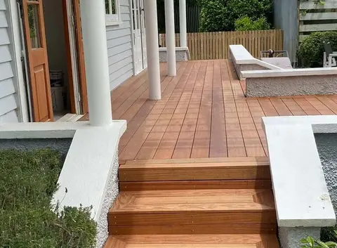 Hardwood deck and steps at a villa entrance, Palmerston North