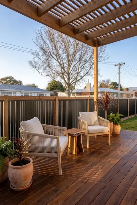 Hardwood deck under a pergola with outdoor furniture, Palmerston North