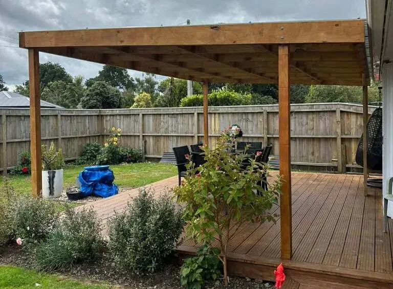Timber pergola over a deck in a Palmerston North backyard