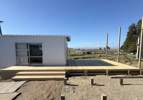 Treated pine deck frame and joists under construction, Palmerston North