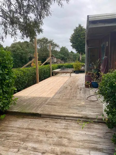 Timber deck leading onto a garden path, Palmerston North